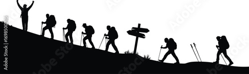 Silhouettes of hikers trekking uphill with backpacks and walking sticks, mountain climbing adventure, nature exploration, outdoor activity, teamwork, healthy lifestyle