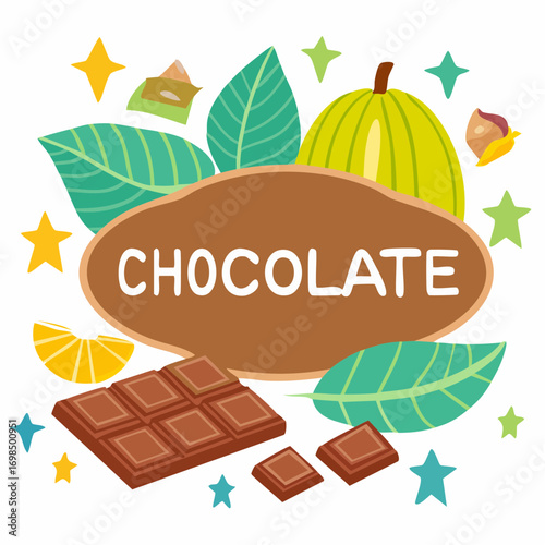 Cocoa and chocolate cartoon set. Cocoa beans, leaves, raw chocolate chunks, wedges of dessert chocolate, Chocolate text.