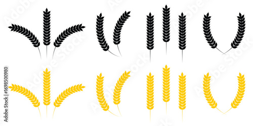 Wheats ears icon set and wheat design elements flat line vector collection. Harvest wheat grain, growth rice stalk and whole bread grains or field cereal nutritious. Wheat grains wreath. eps 10