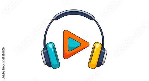 Colorful headphones with a vibrant play button for audio and media entertainment.