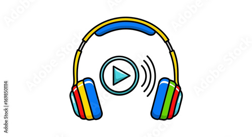Colorful Headphones with Play Button for Music or Podcast App Icon.