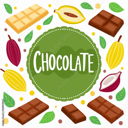 Cocoa and chocolate cartoon set. Cocoa beans, leaves, raw chocolate chunks, wedges of dessert chocolate, Chocolate text.