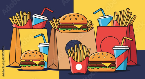 Colorful illustration of various fast food items, perfect for menus.