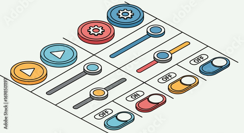 Colorful Isometric User Interface Control Elements Set.