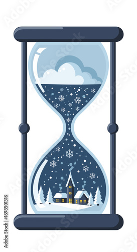 Hourglass with a winter landscape: snowfall, houses and clouds - a visual metaphor for the passing of time. Illustration for New Year's ideas 
