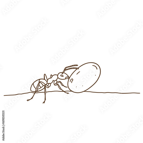 Ant with an egg. Line illustration in minimalist style - a metaphor for motherhood and caring for the future