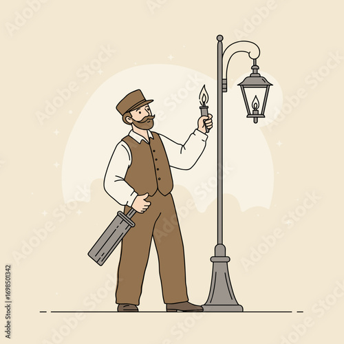 Night attendant of light: lamplighter lights gas lamp - minimalist illustration in historical color