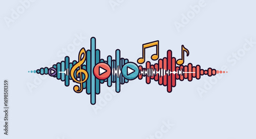 Colorful Music Sound Wave with Treble Clef and Play Buttons.