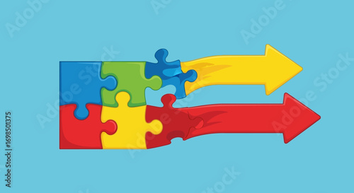 Colorful Puzzle Pieces Merging into Arrows Symbolizing Teamwork and Progress.