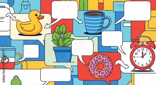 Colorful Objects with Speech Bubbles - Duck, Plant, Mug, Donut, Clock.