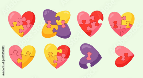 Colorful puzzle heart shapes symbolizing love, relationships, and unity.