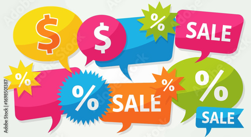 Colorful Sale and Discount Speech Bubbles for Marketing Promotions.