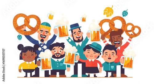 Diverse group of friends celebrating Oktoberfest with beer and pretzels.