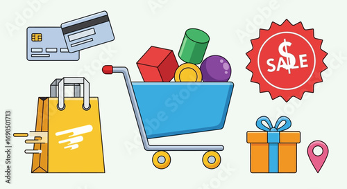 E-commerce shopping icons set with cart, credit cards, sale tag, and delivery bag.