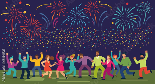 Diverse group of people celebrating and enjoying fireworks display at night.
