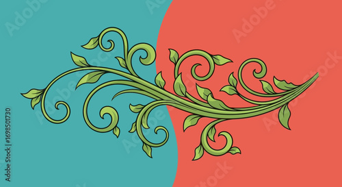 Elegant green vine with leaves and curls, a decorative floral element.