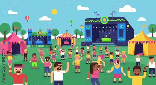 Energetic crowd enjoying a lively music festival with stages and tents.