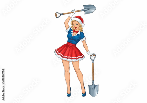Playful pin-up Santa girl with shovels indicates preparations for Christmas.