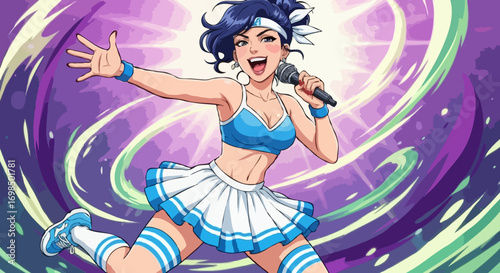 Energetic Cheerleader Singing Happily with Microphone in Vibrant Colors
