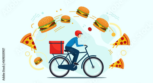 Food delivery service courier riding a bicycle with a thermal bag.
