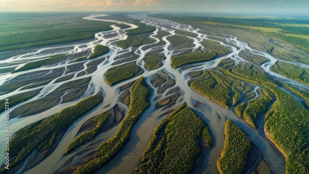 Fototapeta premium Aerial view of a vast river delta system, intricate network of waterways weaving through lush green vegetation