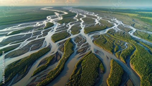 Panel kuchenny z motywem Aerial view of a vast river delta system, intricate network of waterways weaving through lush green vegetation