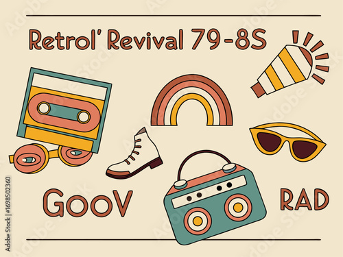 Nostalgic Retro Revival A Vibrant Collection of 1970s and 1980s Icons and Catchphrases cartoon