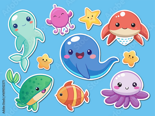 Cute Cartoon Sea Creatures Stickers on a Light Blue Background for Children s Designs