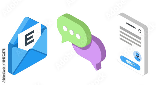 Isometric icons of digital communication email chat and online messaging.