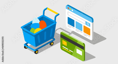 Isometric Online Shopping Concept with Cart and Credit Card.