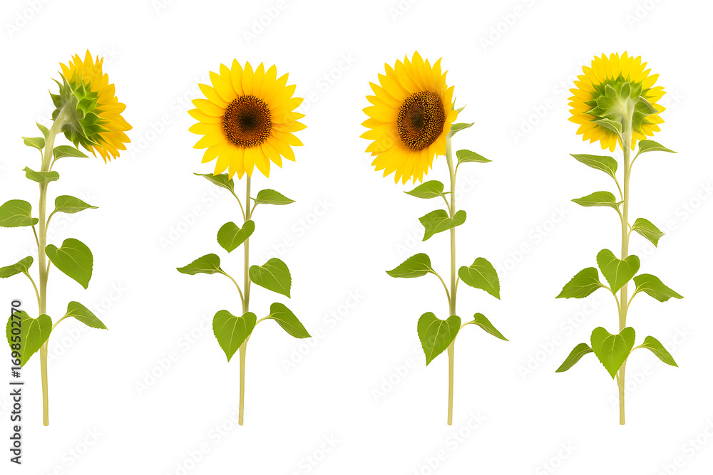 Fototapeta premium Sunflowers in Various Stages of Bloom Isolated on White Bright Floral Growth and Natural Beauty Concept