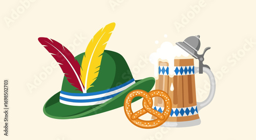 Oktoberfest celebration with hat, beer stein, and pretzel.