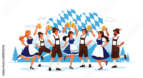 Oktoberfest Celebration - Group in Bavarian Attire Raising Beer Steins.