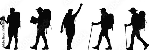 Silhouettes of hikers with backpacks, walking sticks, camera, trekking outdoors, nature exploration, adventure travel, hiking trail, backpacking, wilderness, active lifestyle