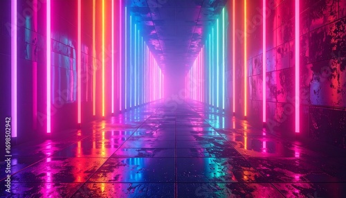 Fototapeta Naklejka Na Ścianę i Meble -  Neon tunnel corridor, vibrant colors