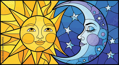 Personified Sun and Crescent Moon in Stained Glass Style.