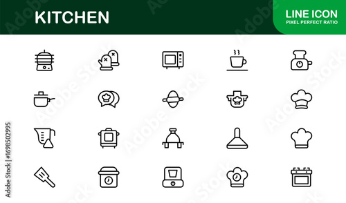 Outline kitchen icons for cooking and baking essentials. Ideal for apps, branding, and lifestyle projects with premium, modern, and professional visuals.
