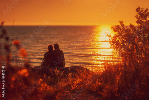 Romantic scene of a couple sitting by the ocean at sunset in early fall. Serene barhatny season mood with calm sea and golden light 