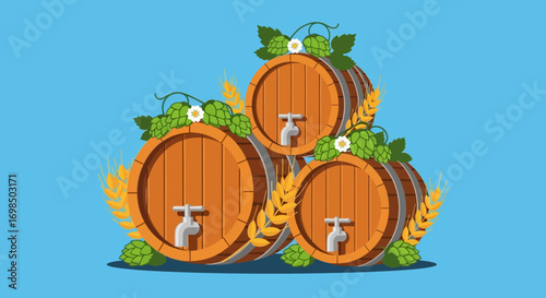 Three Wooden Barrels of Beer with Hops and Barley.