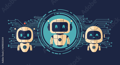 Three friendly robots representing artificial intelligence and technology.
