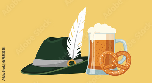 Traditional German Oktoberfest symbols with beer pretzel and feathered hat.