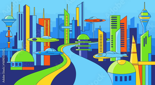 Vibrant Futuristic City with Flying Saucers and Modern Architecture.