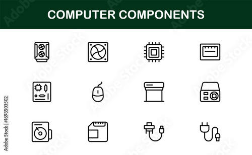 Outline computer components icons for modern IT visuals. Enhance apps, branding, and presentations with premium and professional hardware graphics.