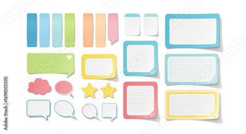 A vibrant collection of diverse paper stickers, memo pads, and speech bubbles, perfect for organizing ideas and notes.