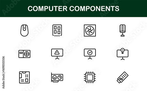 Premium flat icons of computer components for IT branding. Ideal for professional apps, websites, and hardware visuals with clean and versatile designs.