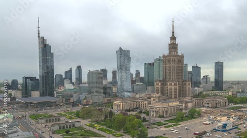Warsaw Poland time lapse high angle view city skyline at Centrum Square downtown business district