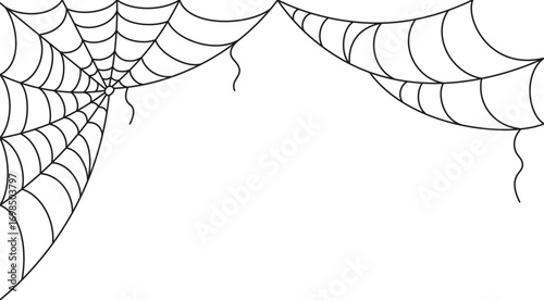 Banner with a dangling spider web in doodle style. Halloween scary theme for frame, poster, party decoration etc. Simple outline drawing. Hand drawn vector illustration isolated on white background.