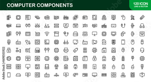 Computer Components Line Icon Set – Modern, Professional Vector Icons for Hardware, Tech, and Devices in Clean Minimal Outline Style