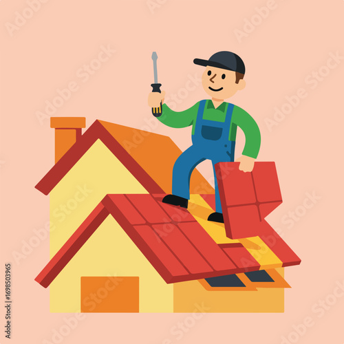 Roofer repairs a house