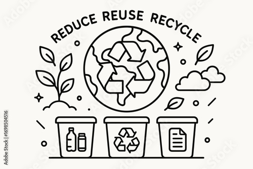 Reduce Reuse Recycle Icons with Earth and Waste Bins in Line Style